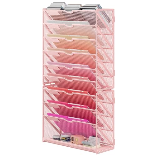 Lavatino 10-Tier Hanging Wall File Folders Organizer - Pink Metal Mesh Paper Magazine Document Mail Holder File Organizer for Office School Home Wall Mount or Desk Supplies Organization