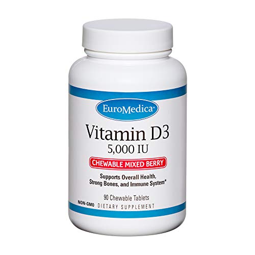 EuroMedica Vitamin D3, Mixed Berry - 90 Chewable Tablets - 5000 IU Vitamin D3 - Supports Overall Health, Strong Bones & Teeth, and Immune System Function - 90 Servings
