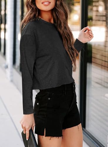 Tankaneo Women Long Sleeve Crop Tops Loose Crew Neck Cropped T-Shirts Drop Shoulder Casual Basic Tees L-Blue2