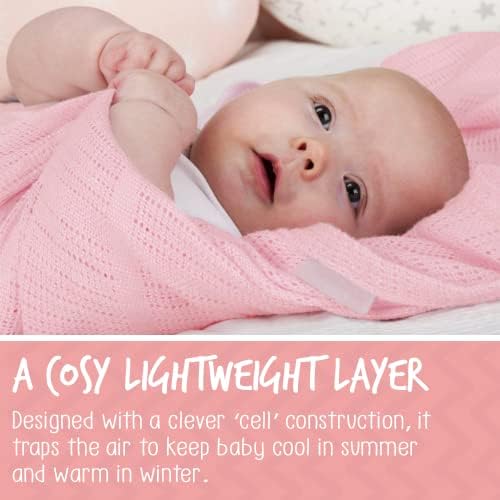 Noble & Brite Cotton Cellular Baby Blanket Twin Pack, Pink, Blue, and White  Cellular Blanket For Newborn Baby  Soft and Lightweight  For Baby Cot / Pram / Moses Basket / Travel (90 x 60cm, Pink)