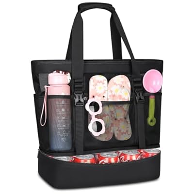 RAINSMORE Bolsa Playa Grande XXL Familiar Bolso Playa Mujer de Malla con Cremallera 42L Impermeable Bolsa Piscina para Viaje Compras Juguetes Negro