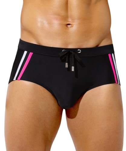 Casey Kevin Men's Quick Dry Swim Briefs Swimsuit Square Leg Trunks Bikini Swimwear with Drawstring Surfing for Beach Vacation,Black,Large