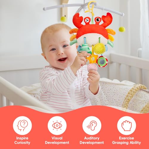 Accevo Baby Crab Pull Seil hängende Spielzeug, Baby Rasseln, Kauspielzeug mit Spiegel für Kleinkinder Bett Kinderwagen Autositz Bar für Babys Geschenke Jungen und Mädchen