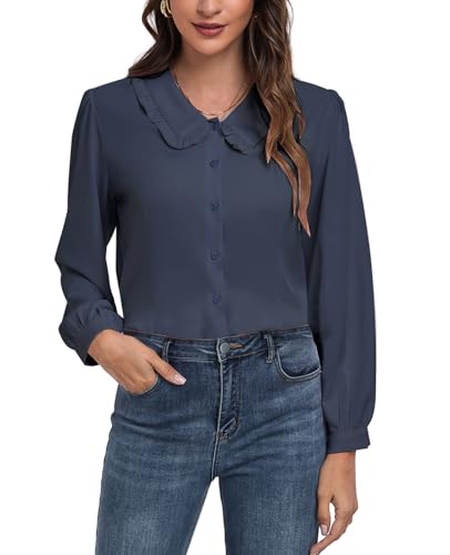 Image of MINTLIMIT Women's Peter Pan Collar Shirt Long Sleeve Button Down Shirts Casual Work Vintage Blouses Tops, Navy Blue