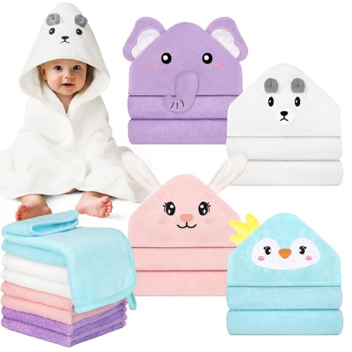 Image of 12 PCS Baby Towels Set, Baby Bath Towels for Toddlers Newborn Essentials | Super Thick Absorbent, Animal Hooded, Soft Cozy, 4 Baby Towels & 8 Washcloths for Girl Boy (Penguin, Elephant, Rabbit, Bear)