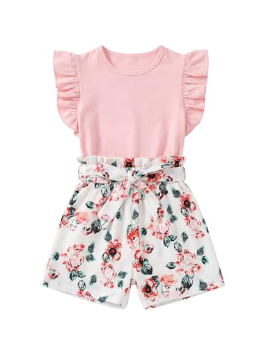 Image of Girls 2 Piece Outfits Summer Ruffle Sleeve Top and High Waisted Striped Shorts Set, Cute Casual Clothes for Girls 7-14 Pink Floral 13-14 Years