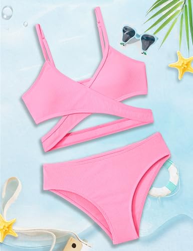 Image of Girls Swimsuit Bikini Set,Criss Cross Bathing Suits for Girl Two Piece Solid Color Girls' Swimwear for 7-16 Years