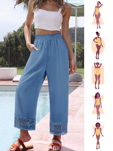 Womens Wide Leg Pants Summer Casual Palazzo Pants High Waist Flowy Beach Trousers with Pockets4