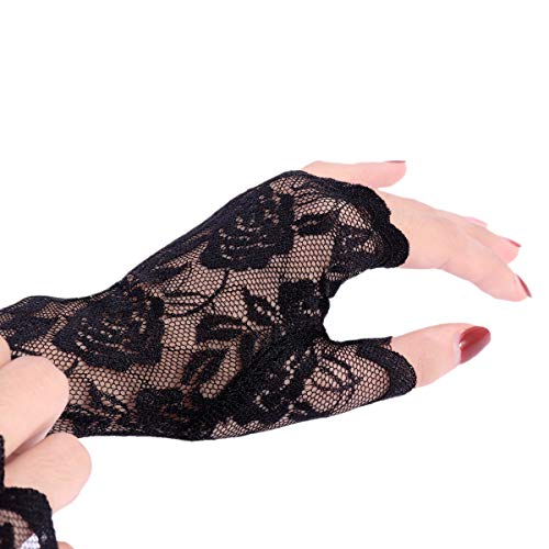 Luvas femininas de renda sem dedos Luoem luvas de noiva meio dedo UV, preto, tamanho 39