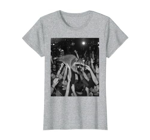 Funny Rock Raccoon Meme Crowd Surfing Crowd Scene T-Shirt, Women, Heather Grey, Medium