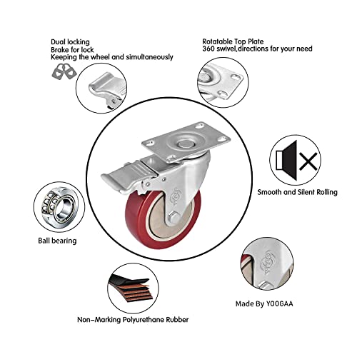 Image of Caster Wheels 3 Inch Casters Set of 4 Heavy Duty Load Bearing 1000 Lbs Locking Swivel Plate Casters with Brake Industrial No Noise Polyurethane Wheels Anti-wear Smooth Casters