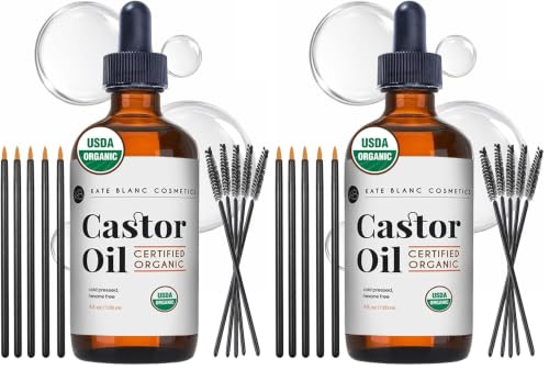Image of Kate Blanc Cosmetics Castor Oil Organic (4oz), 100% Pure, Cold Pressed, Hexane Free. Natural Oil for Hair, Eyelashes, Eyebrows. Skin Moisturizer with Starter Kit (Pack of 2)