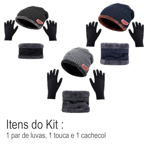kit frio inverno com touca peluciada forrada luva e cachecol unisex (kit 3 - luva,cachecol,touca Azu