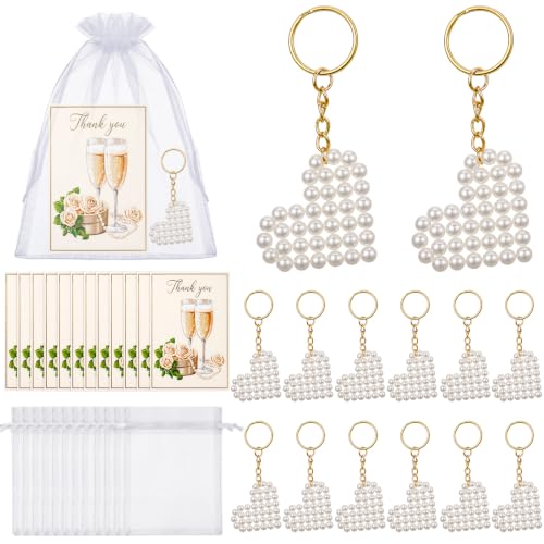 Kenning 12 Set Pearls and Prosecco Party Favors Bulk Pearl Keychain, Heart