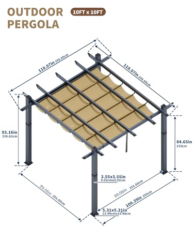 Image of KYBOLT 10x10 Ft Outdoor Pergola Metal Gazebo with Retractable Canopy for Backyard Deck Patio Porch Grape Trellis(Khaki)