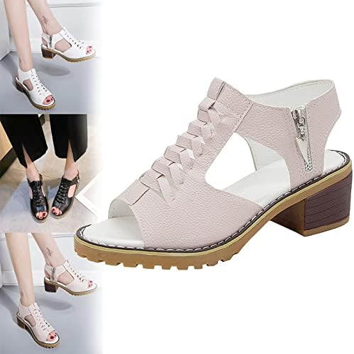 HOPHO Libiyi Sandals, Libiyi Women's Comfy Orthotic Sandals, Libiyi Peep Toe Hollow Weave Fish Mouth Zipper Chunky Heel Sandals