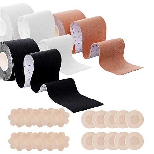 Kuxiyu Boob Tape 3 Rolls Breast Lift Tape For Large Breasts Bra Tape Chest Support With 20Pcs Satin Nipple Cover Adhesive Invisible Gaffer Tape Breathable Waterproof (Black,Beige,White) #TOP15