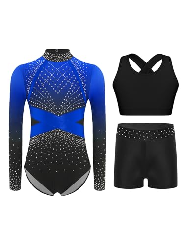 Yruioon 3 Pièces Tenue De Gymnastique Pour Filles Pailletée Justaucorps Manches Longues Leotard De Gym Haut De Sport Soutiengorge Short Tenue De Compétition Costume Bleu 11-12 ans