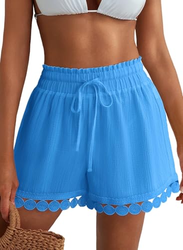 Image of Dokotoo Womens Shorts Summer Casual Loose Elastic Waist Drawstring Lace Boho Beach Cover Up Shorts