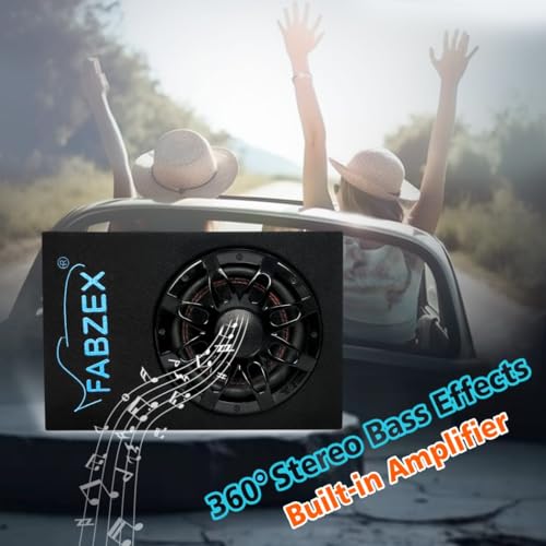 Image of 8 inch Car Active Under-Seat Car Subwoofer, 200W RMS Powered Bass Tube with Built-in Amplifier, Compact Slim Design - Black with Blue Logo