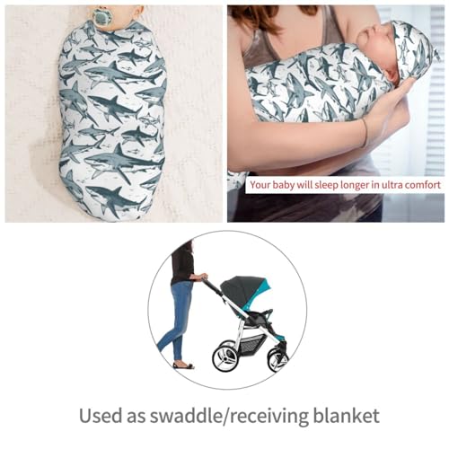 Image of Hand Drawn Sharks Newborn Swaddle Blankets Hat Sets Soft Baby Receiving Blanket Swaddle Sack for Baby Shower Infant Boy Girl Gift