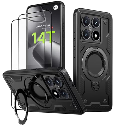 KANSi Hülle für Xiaomi 14T / Xiaomi 14T 5G mit Schutzglas*2 Militär Handyhülle Ständer Stoßfest Gehäuse mit Metallring Ringhalterung - Panzerhülle Schwarz
