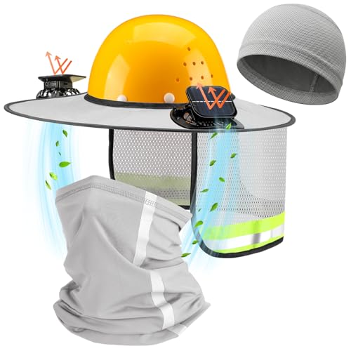 Floraltop 3 Pcs Sun Hard Hat Shade Full Brim with Solar Fans, Cooling Helmet Liner, Neck Sunshade Cover High Visibility Mesh with Reflective Strip Summer Protection Accessories(Light Gray)