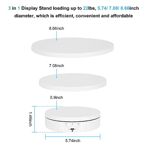 Remote Motorized Rotating Display Stand, Electric Rotating Platform with 5.74/7.08/8.66in Replacement Covers, 3 in 1 Turntable with Rechargeable Battery for Live Streaming Video Shoot Photography