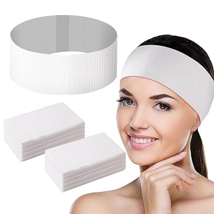 100 Count Disposable headbands for spa, Facial Esthetician Headband Wrap with Adjustable Magic Tape, Non-Woven Facial Bandeau for Women Girls Salons, White-image-33