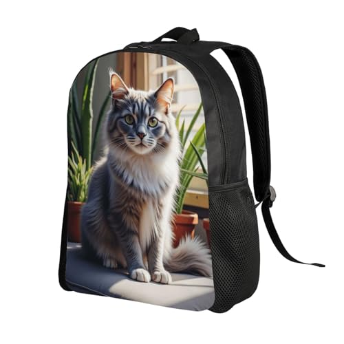 Comfort Fit Unisex Fluffy Gray C Sitting Couch Next to Potted Plant Backpack Durable Daily Commute Travel Adventures 16 in2