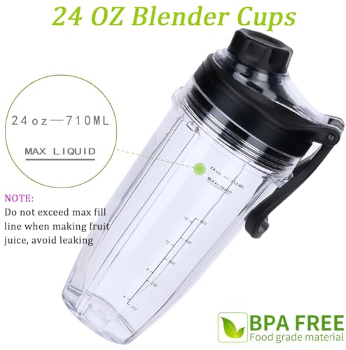 Image of Replacement 24oz Blender Cup and New Lid with Handle for Nutri Ninja BN751 BN801 Foodi SS101 SS151 SS351 SS401 BL450 BL456 BL480 BL482 BL640 BL642 BL682 Ninja Blender Auto IQ Blade, 2-Pack