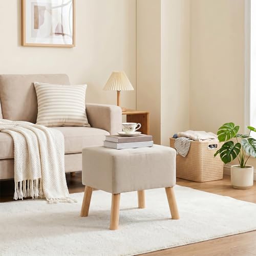 Image of Warmiehomy 41cm Linen Fabric Square Footstool, Small Pouffe Stool Upholstered Footstool with Wooden Legs, Foot Rest Ottoman for Living Room, Light Grey(41 * 41 * 41cm)