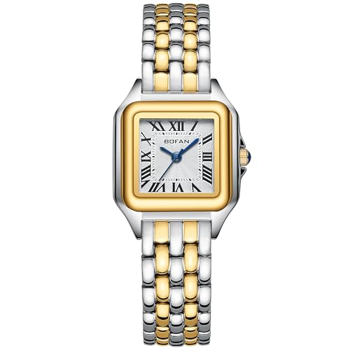 BOFAN Small Gold Watches for Women Easy Reader Ladies Quartz Wrist Watch with Stainless Steel Band,White Roman Dial,Water Resistant,Bracelet Adjuster Included