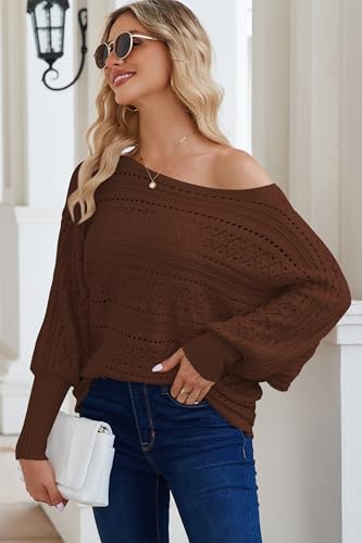 Image of Cakulo Womens Off Shoulder Sweater Top Fall Outfits Fashion 2025 Oversized Knit Batwing Long Sleeve Crochet Pullover Sweaters