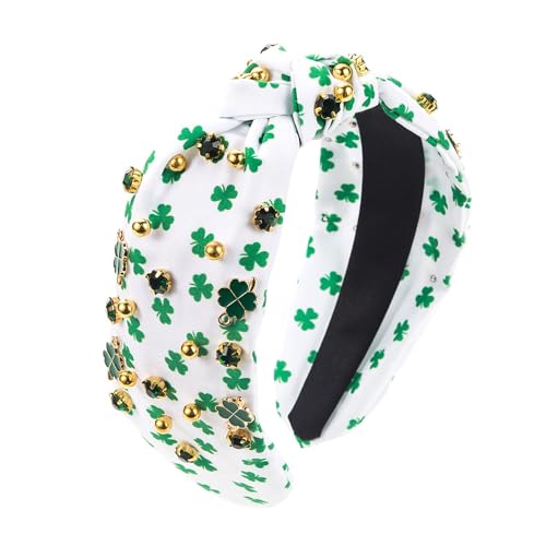 HIFANMM St Patrick's Day Headbands Green Shamrock Knotted Hair Bands for Women Girls, Alloy Clovers Green Gems White Hair Accessories, Wide Top Knot Irish Day Parade Party Decoration Hair Hoop 1Pcs