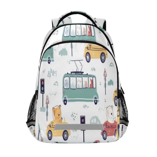 Little Animals Driving Cars Kid's Elementary Middle School Backpack for Son Daughter, Age 6-12 Back to School Backpack Bookbag Schoolbag for Boys Girls