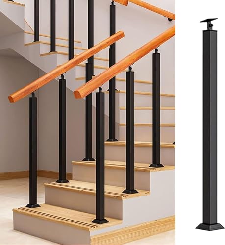 Preisvergleich Produktbild LQSYBHD Metall Treppengeländer, Treppengeländer Pfosten,Schwarze Quadratische Geländer Spindeln mit Flacher, Verstellbarer 270°-Winkelhalterung,Geländer Säule für Deck / Stufen,Frontm(Size:3ft / 90cm)