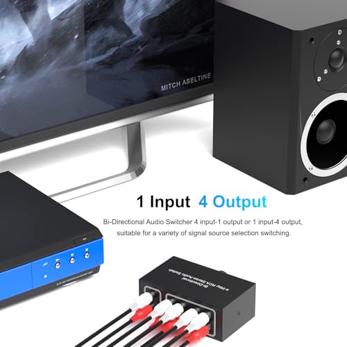Image of Dingsun 4-Way Stereo Audio Switcher, Bi-Directional Right and Left Channel Audio Selector Box for Blu-ray Players or DVD Players Active Speakers (4In-1Out /1In-4Out)