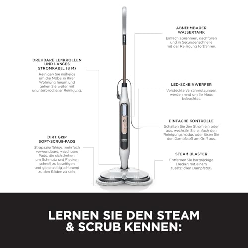Shark Dampfreiniger, automatischer Dampfbesen mit Steam Blaster, 2 rotierende Power Pads, 3 Dampfstufen, desinfiziert, entfernt Flecken und Schmutz, für versiegelte Hartböden, weiß und grau S8201EU