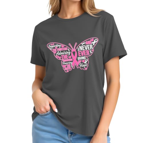 Image of Breast Cancer Survivor Butterfly Shirt for Women-Pink Ribbon Short Sleeve | With Hope Slogan Print Tee Top Ideal for Breast Cancer Group Uniform for Awareness Month & Survivor Memorial Gathering