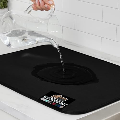 GORILLA GRIP Ultra Water Absorbent Microfiber Dish Drying Mat, Quick Dry Thick Mesh, Slip Resistant Pad for Sink Dishes or Under Rack, Kitchen Counter Accessories, 16x18, Machine Wash Mats, Black