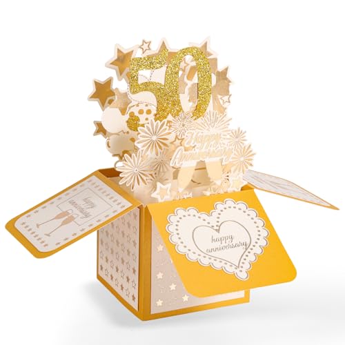 50th Anniversary Card, 3D Gold Happy Anniversary Pop Up Card with Envelope for Women Men Wife Husband Couples Parents Him Her Wedding Marriage Gift