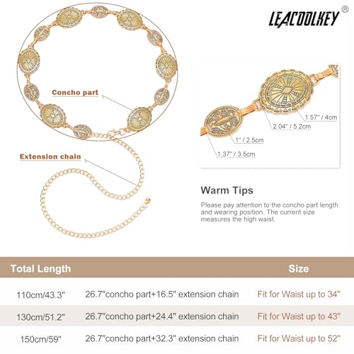 LEACOOLKEY Women Turquoise Concho Chain Waist Belt Silver Western Cowgirl Metal Chain Belt for Dress Adjustable3