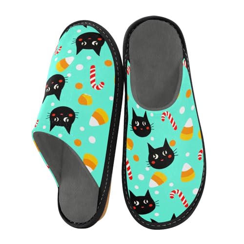 JUMBEAR Pantuflas de espuma viscoelástica con diseño de gato negro para Halloween, suela antideslizante, para dormitorio, casa, para mujeres y hombres, talla 25, a, Medium