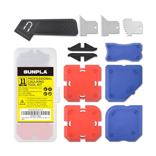 Gunpla Caulking Tool Kit, Sealant Trimming Tool 11 Piece Set with Stainless Steel Caulk Remover Scraper and Silicone Guide for Kitchen, Bathroom, Toilet, Window, Sink Joints, etc.