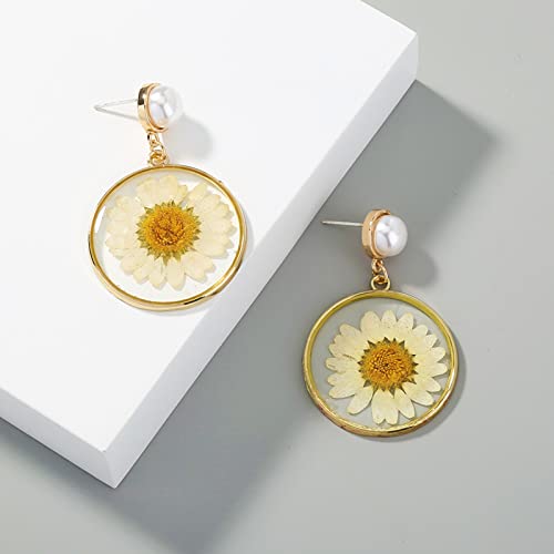 Bg&Wling Pressed Flower Silver Post Earrings For Women Hypoallergenic Daisy Flower Resin Round Circle Dangle Drop Earrings Fashion Jewelry For Women Girls (Pearl Post) #TOP1