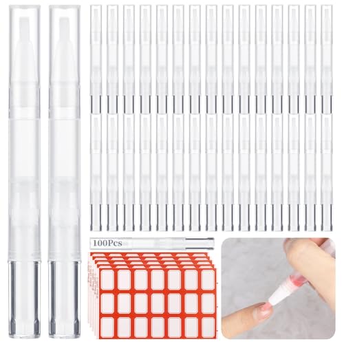 Bolígrafos vacíos de aceite para cutículas de 3 ml, bolígrafos giratorios transparentes con puntas de pincel, 100 piezas más 105 calcomanías, bolígrafos vacíos de aceite de uñas, tubos de crecimiento
