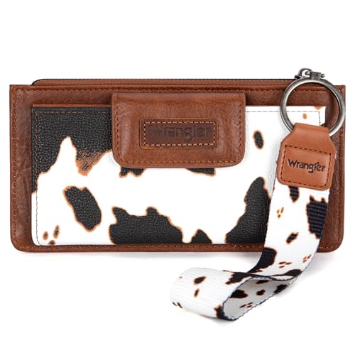Montana West X Wrangler Cow Print Wallet for Women Ladies Female Card Cases & Money Organizers Wristlet with Wallet Large Clutch with Coin Purse Smooth Zipper and Rfid Lining