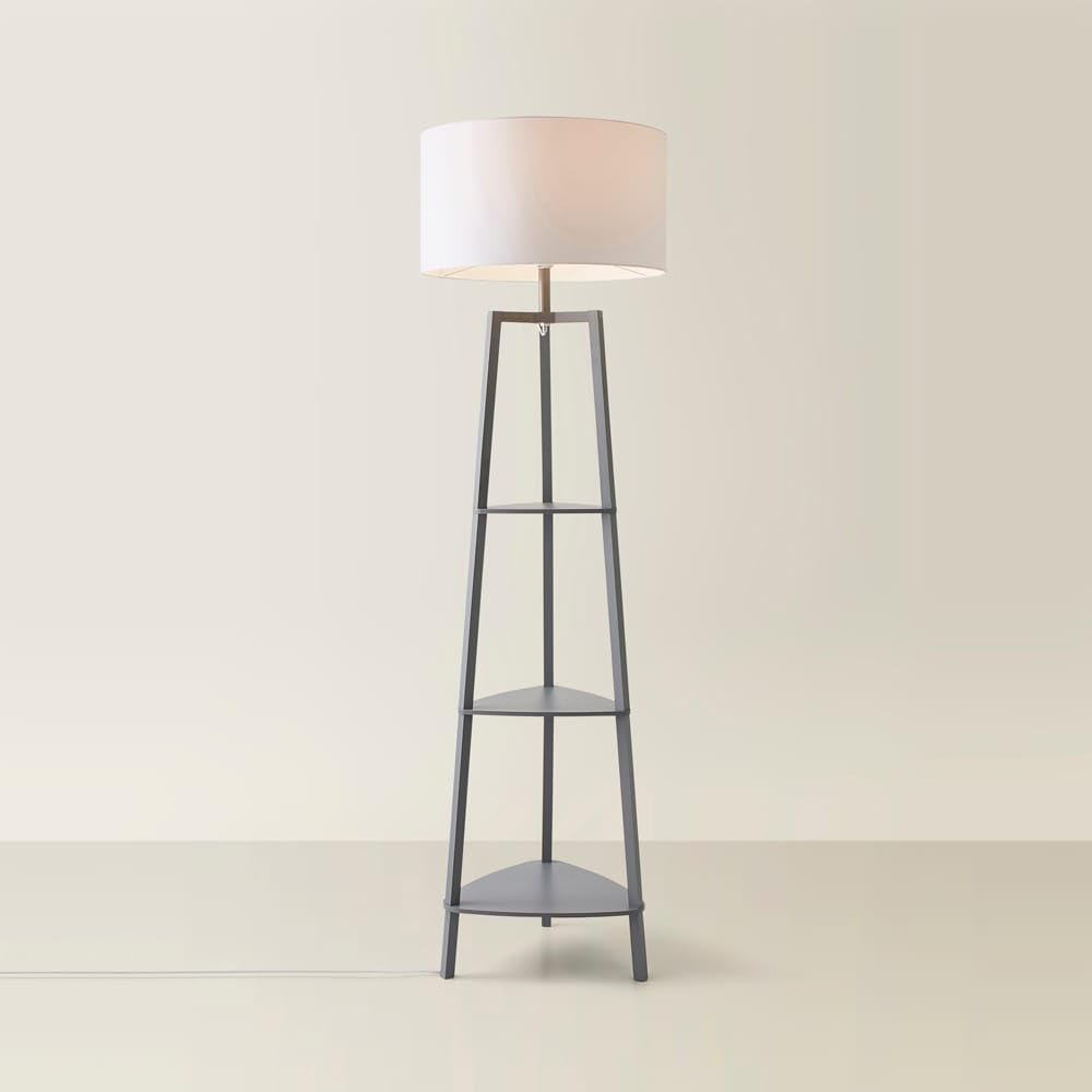 MiniSun | Grey Wooden 3 Tier Floor Lamp with Storage Shelves Light and White Shade | Floor Lamps & Torchieres, Home Décor & Improvement Essential | Includes 6W GLS Bulb