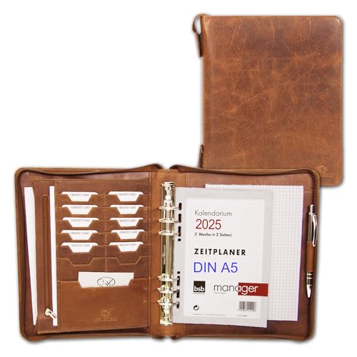 ALMADIH Carpeta de cuero A5 con cremallera Calendario 2025 + Bloc notas agenda Personal Organizador Diario Cartera de conferencias Maletin Carpeta de anillas portadocumentos Cuaderno Marrón